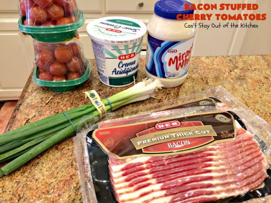 Bacon Stuffed Cherry Tomatoes | Can't Stay Out of the Kitchen | this 5-ingredient #appetizer is one of our favorites. Guests always rave over #tomatoes stuffed with #bacon! They're perfect for #tailgating parties, potlucks or the #SuperBowl. #pork #HolidayAppetizer #SuperBowlAppetizer #StuffedTomatoes #GlutenFree #GlutenFreeAppetizer #CherryTomatoes