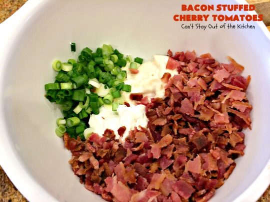 Bacon Stuffed Cherry Tomatoes | Can't Stay Out of the Kitchen | this 5-ingredient #appetizer is one of our favorites. Guests always rave over #tomatoes stuffed with #bacon! They're perfect for #tailgating parties, potlucks or the #SuperBowl. #pork #HolidayAppetizer #SuperBowlAppetizer #StuffedTomatoes #GlutenFree #GlutenFreeAppetizer #CherryTomatoes