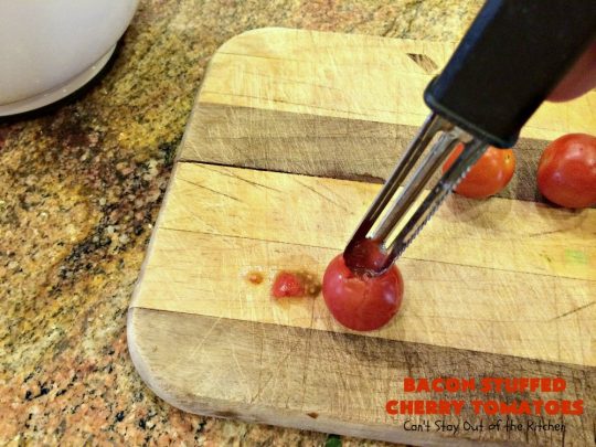 Bacon Stuffed Cherry Tomatoes | Can't Stay Out of the Kitchen | this 5-ingredient #appetizer is one of our favorites. Guests always rave over #tomatoes stuffed with #bacon! They're perfect for #tailgating parties, potlucks or the #SuperBowl. #pork #HolidayAppetizer #SuperBowlAppetizer #StuffedTomatoes #GlutenFree #GlutenFreeAppetizer #CherryTomatoes