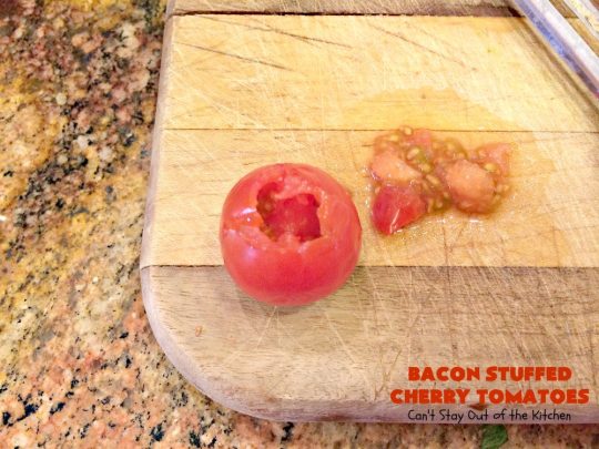 Bacon Stuffed Cherry Tomatoes | Can't Stay Out of the Kitchen | this 5-ingredient #appetizer is one of our favorites. Guests always rave over #tomatoes stuffed with #bacon! They're perfect for #tailgating parties, potlucks or the #SuperBowl. #pork #HolidayAppetizer #SuperBowlAppetizer #StuffedTomatoes #GlutenFree #GlutenFreeAppetizer #CherryTomatoes