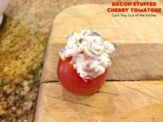 Bacon Stuffed Cherry Tomatoes | Can't Stay Out of the Kitchen | this 5-ingredient #appetizer is one of our favorites. Guests always rave over #tomatoes stuffed with #bacon! They're perfect for #tailgating parties, potlucks or the #SuperBowl. #pork #HolidayAppetizer #SuperBowlAppetizer #StuffedTomatoes #GlutenFree #GlutenFreeAppetizer #CherryTomatoes