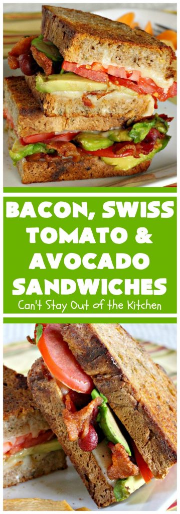 Bacon, Swiss, Tomato and Avocado Sandwiches | Can't Stay Out of the Kitchen | these monster-sized #sandwiches are hearty, filling & such satisfying comfort food. They're filled with #Bacon, #SwissCheese, #Avocados & #Tomatoes & grilled up to perfection. Great for #tailgating parties or weekend meals when you're short on time. #BaconSwissTomatoAndAvocadoSandwiches