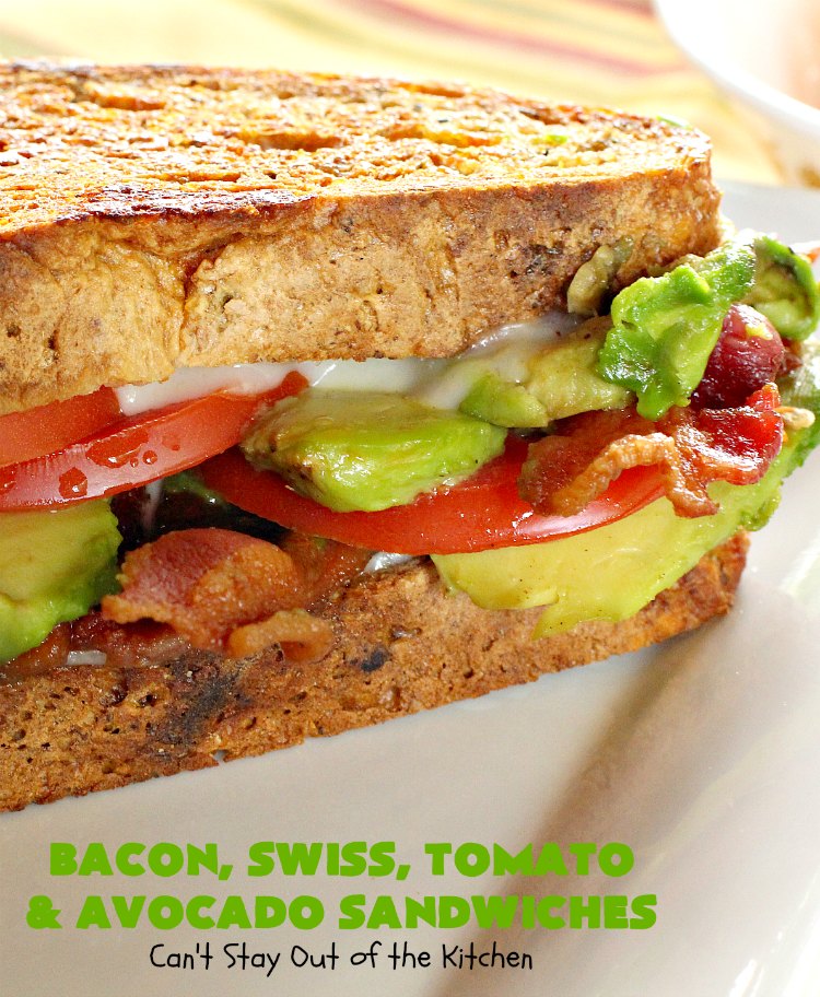 Bacon, Swiss, Tomato and Avocado Sandwiches | Can't Stay Out of the Kitchen | these monster-sized #sandwiches are hearty, filling & such satisfying comfort food. They're filled with #Bacon, #SwissCheese, #Avocados & #Tomatoes & grilled up to perfection. Great for #tailgating parties or weekend meals when you're short on time. #BaconSwissTomatoAndAvocadoSandwiches