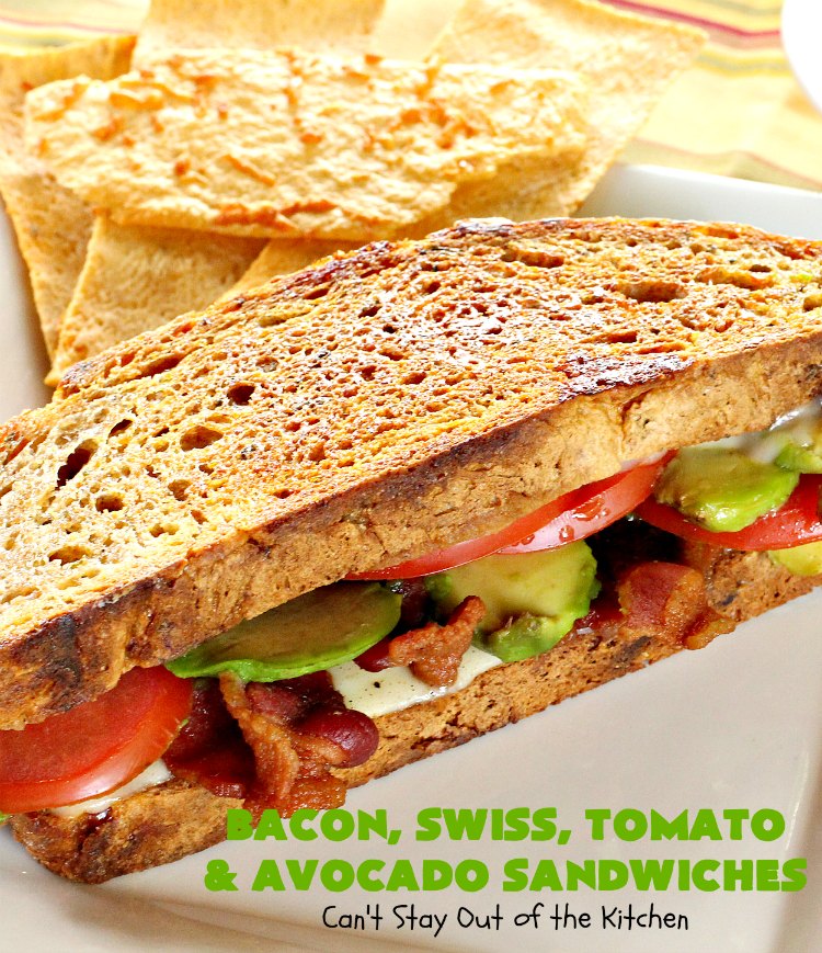 Bacon, Swiss, Tomato and Avocado Sandwiches | Can't Stay Out of the Kitchen | these monster-sized #sandwiches are hearty, filling & such satisfying comfort food. They're filled with #Bacon, #SwissCheese, #Avocados & #Tomatoes & grilled up to perfection. Great for #tailgating parties or weekend meals when you're short on time. #BaconSwissTomatoAndAvocadoSandwiches