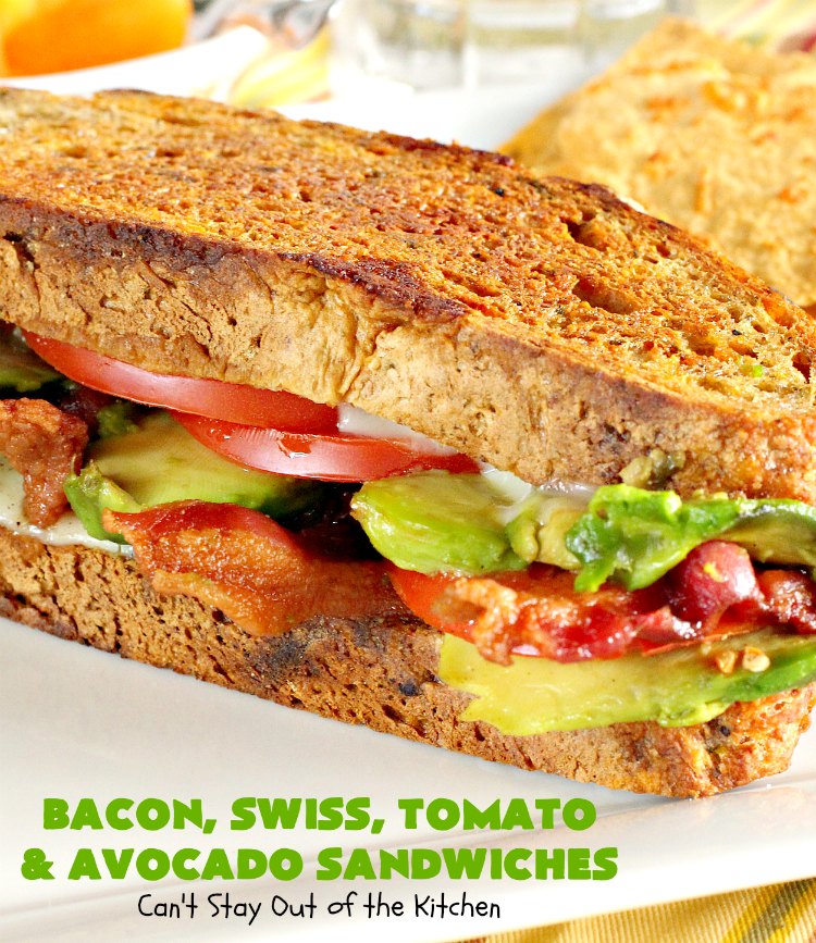 Bacon, Swiss, Tomato and Avocado Sandwiches | Can't Stay Out of the Kitchen | these monster-sized #sandwiches are hearty, filling & such satisfying comfort food. They're filled with #Bacon, #SwissCheese, #Avocados & #Tomatoes & grilled up to perfection. Great for #tailgating parties or weekend meals when you're short on time. #BaconSwissTomatoAndAvocadoSandwiches