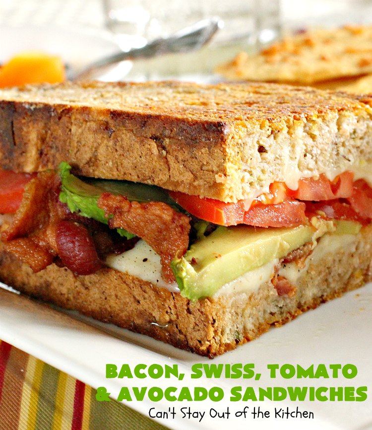 Bacon, Swiss, Tomato and Avocado Sandwiches | Can't Stay Out of the Kitchen | these monster-sized #sandwiches are hearty, filling & such satisfying comfort food. They're filled with #Bacon, #SwissCheese, #Avocados & #Tomatoes & grilled up to perfection. Great for #tailgating parties or weekend meals when you're short on time. #BaconSwissTomatoAndAvocadoSandwiches