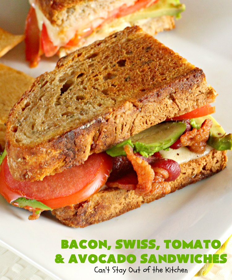 Bacon, Swiss, Tomato and Avocado Sandwiches | Can't Stay Out of the Kitchen | these monster-sized #sandwiches are hearty, filling & such satisfying comfort food. They're filled with #Bacon, #SwissCheese, #Avocados & #Tomatoes & grilled up to perfection. Great for #tailgating parties or weekend meals when you're short on time. #BaconSwissTomatoAndAvocadoSandwiches