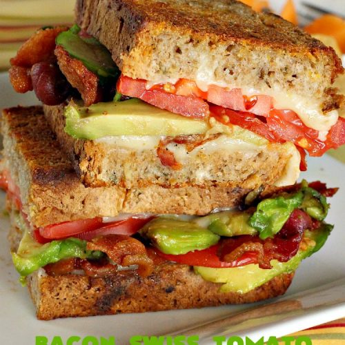 Bacon, Swiss, Tomato and Avocado Sandwiches | Can't Stay Out of the Kitchen | these monster-sized #sandwiches are hearty, filling & such satisfying comfort food. They're filled with #Bacon, #SwissCheese, #Avocados & #Tomatoes & grilled up to perfection. Great for #tailgating parties or weekend meals when you're short on time. #BaconSwissTomatoAndAvocadoSandwiches