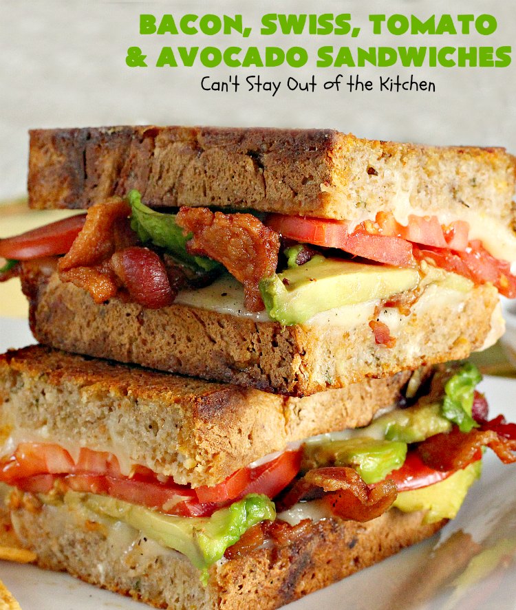 Bacon, Swiss, Tomato and Avocado Sandwiches | Can't Stay Out of the Kitchen | these monster-sized #sandwiches are hearty, filling & such satisfying comfort food. They're filled with #Bacon, #SwissCheese, #Avocados & #Tomatoes & grilled up to perfection. Great for #tailgating parties or weekend meals when you're short on time. #BaconSwissTomatoAndAvocadoSandwiches