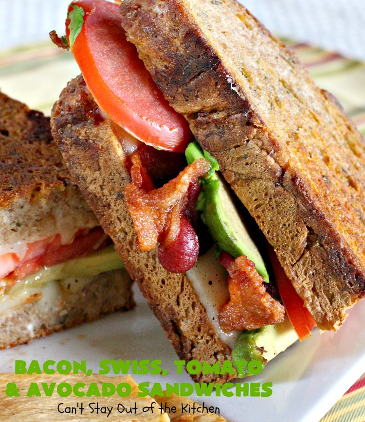 Bacon, Swiss, Tomato and Avocado Sandwiches | Can't Stay Out of the Kitchen | these monster-sized #sandwiches are hearty, filling & such satisfying comfort food. They're filled with #Bacon, #SwissCheese, #Avocados & #Tomatoes & grilled up to perfection. Great for #tailgating parties or weekend meals when you're short on time. #BaconSwissTomatoAndAvocadoSandwiches
