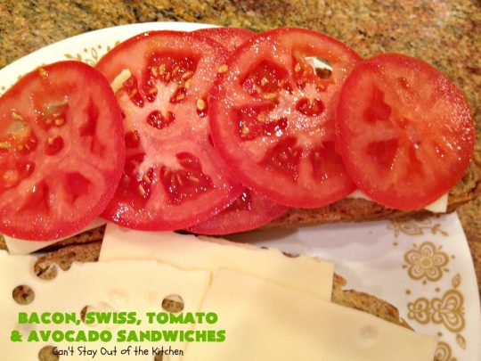 Bacon, Swiss, Tomato and Avocado Sandwiches | Can't Stay Out of the Kitchen | these monster-sized #sandwiches are hearty, filling & such satisfying comfort food. They're filled with #Bacon, #SwissCheese, #Avocados & #Tomatoes & grilled up to perfection. Great for #tailgating parties or weekend meals when you're short on time. #BaconSwissTomatoAndAvocadoSandwiches