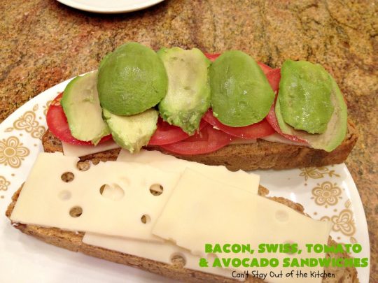 Bacon, Swiss, Tomato and Avocado Sandwiches | Can't Stay Out of the Kitchen | these monster-sized #sandwiches are hearty, filling & such satisfying comfort food. They're filled with #Bacon, #SwissCheese, #Avocados & #Tomatoes & grilled up to perfection. Great for #tailgating parties or weekend meals when you're short on time. #BaconSwissTomatoAndAvocadoSandwiches