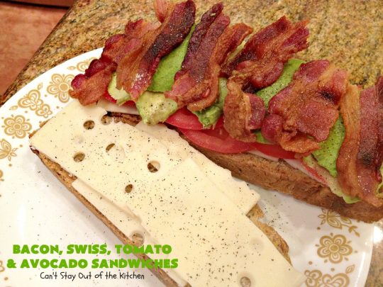 Bacon, Swiss, Tomato and Avocado Sandwiches | Can't Stay Out of the Kitchen | these monster-sized #sandwiches are hearty, filling & such satisfying comfort food. They're filled with #Bacon, #SwissCheese, #Avocados & #Tomatoes & grilled up to perfection. Great for #tailgating parties or weekend meals when you're short on time. #BaconSwissTomatoAndAvocadoSandwiches
