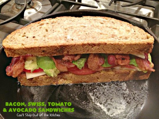 Bacon, Swiss, Tomato and Avocado Sandwiches | Can't Stay Out of the Kitchen | these monster-sized #sandwiches are hearty, filling & such satisfying comfort food. They're filled with #Bacon, #SwissCheese, #Avocados & #Tomatoes & grilled up to perfection. Great for #tailgating parties or weekend meals when you're short on time. #BaconSwissTomatoAndAvocadoSandwiches