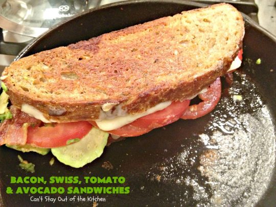Bacon, Swiss, Tomato and Avocado Sandwiches | Can't Stay Out of the Kitchen | these monster-sized #sandwiches are hearty, filling & such satisfying comfort food. They're filled with #Bacon, #SwissCheese, #Avocados & #Tomatoes & grilled up to perfection. Great for #tailgating parties or weekend meals when you're short on time. #BaconSwissTomatoAndAvocadoSandwiches
