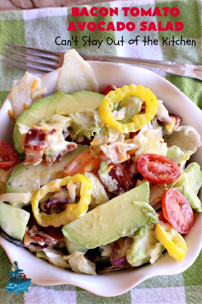Bacon Tomato Avocado Salad | Can't Stay Out of the Kitchen | this fantastic #TossedSalad includes grape #tomatoes, #bacon #cucumber, #MildPepperRings & #avocados with a delicious #ColeSlawDressing. It's easy to make & perfect for summer fare especially #holidays, potlucks or company gatherings. #GlutenFree #BaconTomatoAvocadoSalad