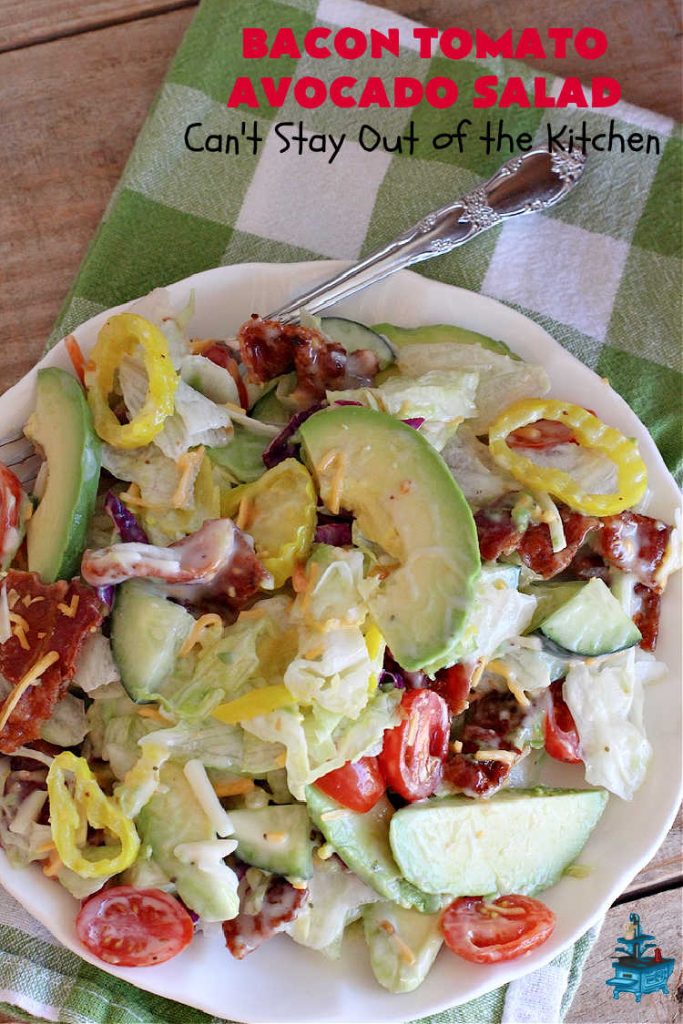 Bacon Tomato Avocado Salad | Can't Stay Out of the Kitchen | this fantastic #TossedSalad includes grape #tomatoes, #bacon #cucumber, #MildPepperRings & #avocados with a delicious #ColeSlawDressing. It's easy to make & perfect for summer fare especially #holidays, potlucks or company gatherings. #GlutenFree #BaconTomatoAvocadoSalad