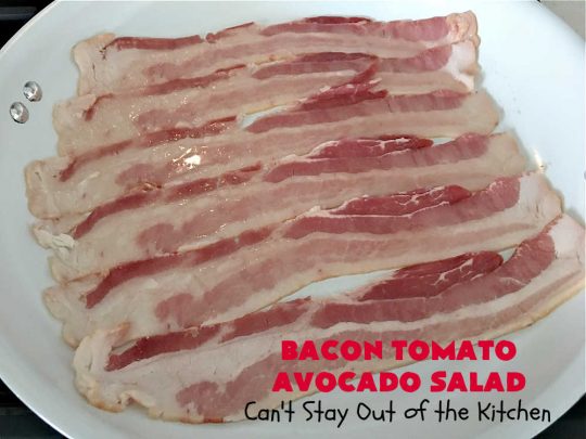 Bacon Tomato Avocado Salad | Can't Stay Out of the Kitchen | this fantastic #TossedSalad includes grape #tomatoes, #bacon #cucumber, #MildPepperRings & #avocados with a delicious #ColeSlawDressing. It's easy to make & perfect for summer fare especially #holidays, potlucks or company gatherings. #GlutenFree #BaconTomatoAvocadoSalad