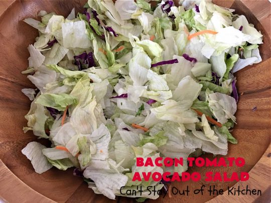 Bacon Tomato Avocado Salad | Can't Stay Out of the Kitchen | this fantastic #TossedSalad includes grape #tomatoes, #bacon #cucumber, #MildPepperRings & #avocados with a delicious #ColeSlawDressing. It's easy to make & perfect for summer fare especially #holidays, potlucks or company gatherings. #GlutenFree #BaconTomatoAvocadoSalad