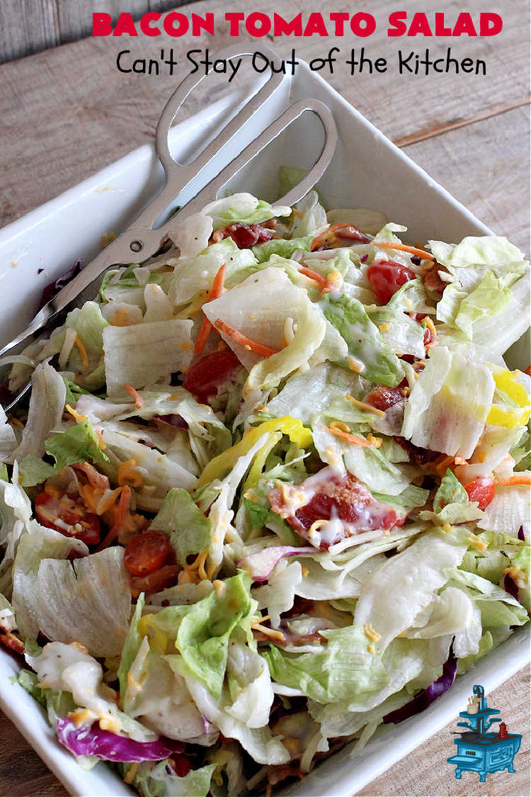 Bacon Tomato Salad | Can't Stay Out of the Kitchen | This easy #salad uses only 7 ingredients including a prepared #ColeSlawDressing making it really easy to serve for summer #holidays, picnics or potlucks. The combination of flavors is irresistible. #bacon #tomatoes #MontereyJackCheese #CheddarCheese #GlutenFree #BLTSalad #BaconTomatoSalad