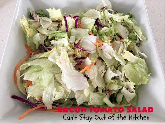 Bacon Tomato Salad | Can't Stay Out of the Kitchen | This easy #salad uses only 7 ingredients including a prepared #ColeSlawDressing making it really easy to serve for summer #holidays, picnics or potlucks. The combination of flavors is irresistible. #bacon #tomatoes #MontereyJackCheese #CheddarCheese #GlutenFree #BLTSalad #BaconTomatoSalad