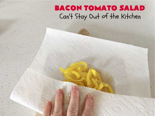 Bacon Tomato Salad | Can't Stay Out of the Kitchen | This easy #salad uses only 7 ingredients including a prepared #ColeSlawDressing making it really easy to serve for summer #holidays, picnics or potlucks. The combination of flavors is irresistible. #bacon #tomatoes #MontereyJackCheese #CheddarCheese #GlutenFree #BLTSalad #BaconTomatoSalad