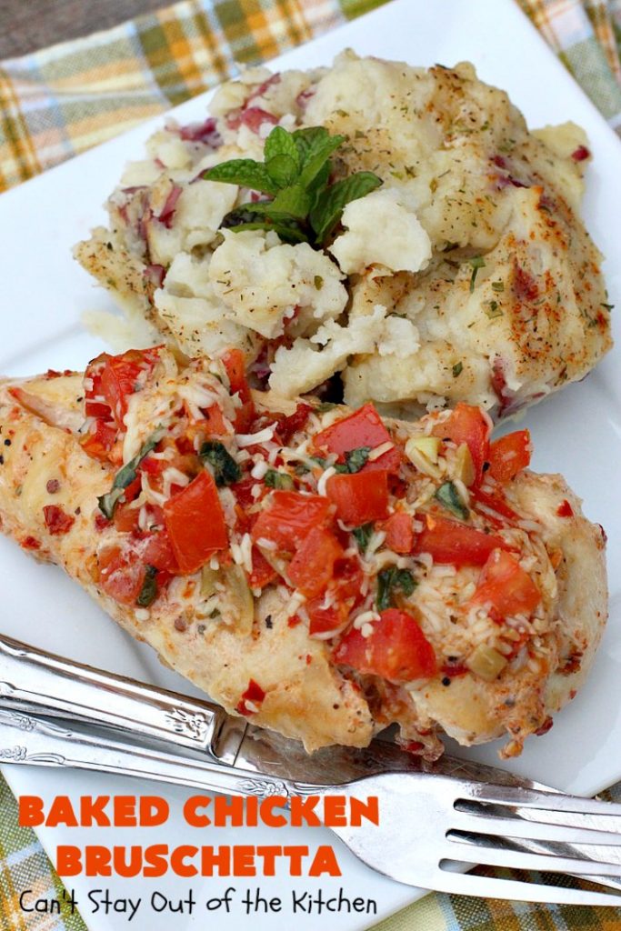 Baked Chicken Bruschetta | Can't Stay Out of the Kitchen | this easy 6-ingredient #recipe is always a winner when we make it. The #chicken turns out so moist & delicious. Terrific for #holidays like #Easter or #MothersDay. #Bruschetta #ChickenBruschetta #tomatoes #Basil #GlutenFree #RoastedGarlic #mozzarellacheese #GlutenFreeChickenRecipe #EasterMainDish #MothersDayMainDish