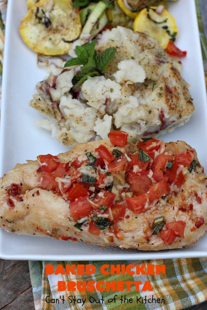 Baked Chicken Bruschetta | Can't Stay Out of the Kitchen | this easy 6-ingredient #recipe is always a winner when we make it. The #chicken turns out so moist & delicious. Terrific for #holidays like #Easter or #MothersDay. #Bruschetta #ChickenBruschetta #tomatoes #Basil #GlutenFree #RoastedGarlic #mozzarellacheese #GlutenFreeChickenRecipe #EasterMainDish #MothersDayMainDish