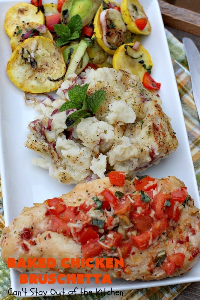 Baked Chicken Bruschetta | Can't Stay Out of the Kitchen | this easy 6-ingredient #recipe is always a winner when we make it. The #chicken turns out so moist & delicious. Terrific for #holidays like #Easter or #MothersDay. #Bruschetta #ChickenBruschetta #tomatoes #Basil #GlutenFree #RoastedGarlic #mozzarellacheese #GlutenFreeChickenRecipe #EasterMainDish #MothersDayMainDish