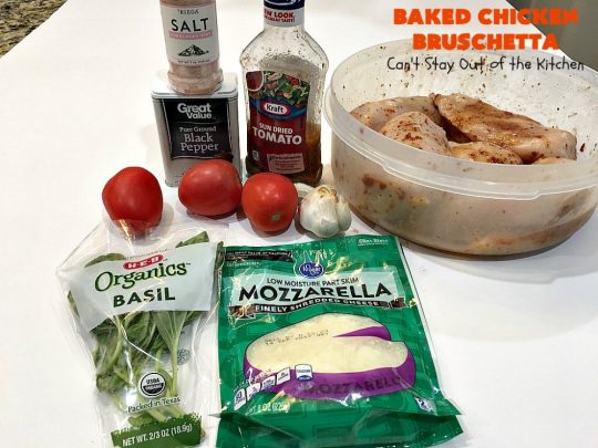 Baked Chicken Bruschetta | Can't Stay Out of the Kitchen | this easy 6-ingredient #recipe is always a winner when we make it. The #chicken turns out so moist & delicious. Terrific for #holidays like #Easter or #MothersDay. #Bruschetta #ChickenBruschetta #tomatoes #Basil #GlutenFree #RoastedGarlic #mozzarellacheese #GlutenFreeChickenRecipe #EasterMainDish #MothersDayMainDish