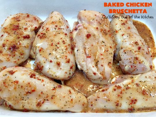 Baked Chicken Bruschetta | Can't Stay Out of the Kitchen | this easy 6-ingredient #recipe is always a winner when we make it. The #chicken turns out so moist & delicious. Terrific for #holidays like #Easter or #MothersDay. #Bruschetta #ChickenBruschetta #tomatoes #Basil #GlutenFree #RoastedGarlic #mozzarellacheese #GlutenFreeChickenRecipe #EasterMainDish #MothersDayMainDish