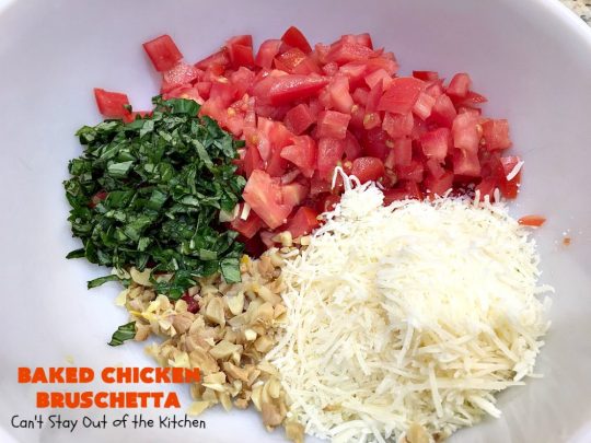 Baked Chicken Bruschetta | Can't Stay Out of the Kitchen | this easy 6-ingredient #recipe is always a winner when we make it. The #chicken turns out so moist & delicious. Terrific for #holidays like #Easter or #MothersDay. #Bruschetta #ChickenBruschetta #tomatoes #Basil #GlutenFree #RoastedGarlic #mozzarellacheese #GlutenFreeChickenRecipe #EasterMainDish #MothersDayMainDish