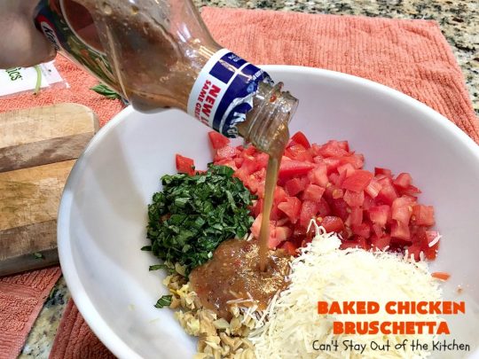 Baked Chicken Bruschetta | Can't Stay Out of the Kitchen | this easy 6-ingredient #recipe is always a winner when we make it. The #chicken turns out so moist & delicious. Terrific for #holidays like #Easter or #MothersDay. #Bruschetta #ChickenBruschetta #tomatoes #Basil #GlutenFree #RoastedGarlic #mozzarellacheese #GlutenFreeChickenRecipe #EasterMainDish #MothersDayMainDish