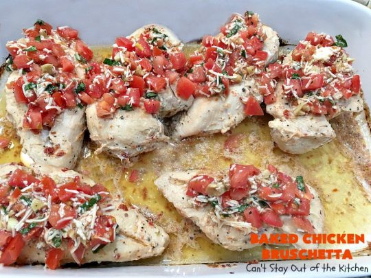 Baked Chicken Bruschetta | Can't Stay Out of the Kitchen | this easy 6-ingredient #recipe is always a winner when we make it. The #chicken turns out so moist & delicious. Terrific for #holidays like #Easter or #MothersDay. #Bruschetta #ChickenBruschetta #tomatoes #Basil #GlutenFree #RoastedGarlic #mozzarellacheese #GlutenFreeChickenRecipe #EasterMainDish #MothersDayMainDish