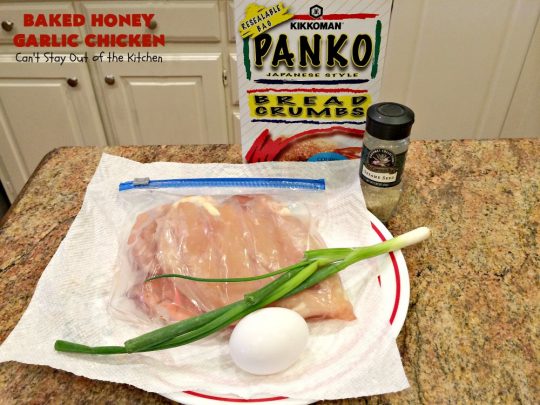 Baked Honey Garlic Chicken | Can't Stay Out of the Kitchen | this spicy #chicken #recipe is out of this world! The meat is breaded with #PankoBreadCrumbs and baked. The luscious sauce includes #honey, #Sriracha & soy sauce. The combination of flavors is dynamite. Makes a delicious weeknight dinner. I love how easy it is to make. #Asian #SesameSeeds #BakedHoneyGarlicChicken