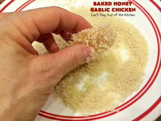 Baked Honey Garlic Chicken | Can't Stay Out of the Kitchen | this spicy #chicken #recipe is out of this world! The meat is breaded with #PankoBreadCrumbs and baked. The luscious sauce includes #honey, #Sriracha & soy sauce. The combination of flavors is dynamite. Makes a delicious weeknight dinner. I love how easy it is to make. #Asian #SesameSeeds #BakedHoneyGarlicChicken