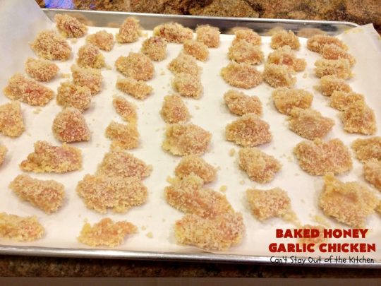 Baked Honey Garlic Chicken | Can't Stay Out of the Kitchen | this spicy #chicken #recipe is out of this world! The meat is breaded with #PankoBreadCrumbs and baked. The luscious sauce includes #honey, #Sriracha & soy sauce. The combination of flavors is dynamite. Makes a delicious weeknight dinner. I love how easy it is to make. #Asian #SesameSeeds #BakedHoneyGarlicChicken