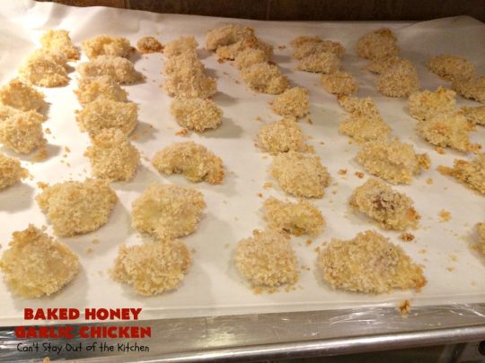 Baked Honey Garlic Chicken | Can't Stay Out of the Kitchen | this spicy #chicken #recipe is out of this world! The meat is breaded with #PankoBreadCrumbs and baked. The luscious sauce includes #honey, #Sriracha & soy sauce. The combination of flavors is dynamite. Makes a delicious weeknight dinner. I love how easy it is to make. #Asian #SesameSeeds #BakedHoneyGarlicChicken