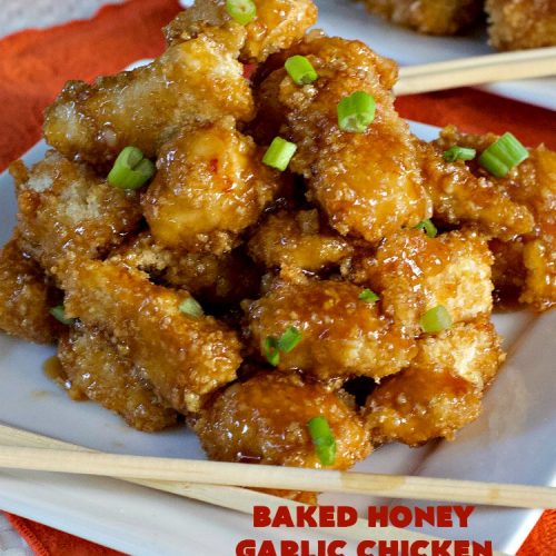 Baked Honey Garlic Chicken | Can't Stay Out of the Kitchen | this spicy #chicken #recipe is out of this world! The meat is breaded with #PankoBreadCrumbs and baked. The luscious sauce includes #honey, #Sriracha & soy sauce. The combination of flavors is dynamite. Makes a delicious weeknight dinner. I love how easy it is to make. #Asian #SesameSeeds #BakedHoneyGarlicChicken