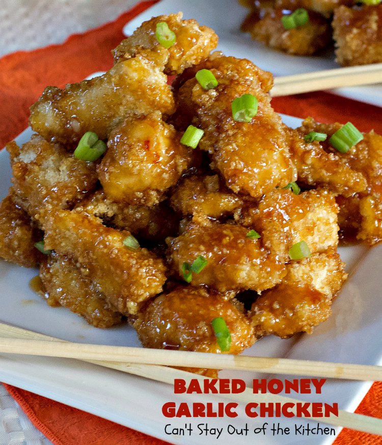 Baked Honey Garlic Chicken | Can't Stay Out of the Kitchen | this spicy #chicken #recipe is out of this world! The meat is breaded with #PankoBreadCrumbs and baked. The luscious sauce includes #honey, #Sriracha & soy sauce. The combination of flavors is dynamite. Makes a delicious weeknight dinner. I love how easy it is to make. #Asian #SesameSeeds #BakedHoneyGarlicChicken