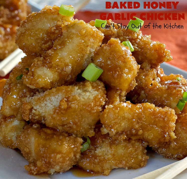 Baked Honey Garlic Chicken | Can't Stay Out of the Kitchen | this spicy #chicken #recipe is out of this world! The meat is breaded with #PankoBreadCrumbs and baked. The luscious sauce includes #honey, #Sriracha & soy sauce. The combination of flavors is dynamite. Makes a delicious weeknight dinner. I love how easy it is to make. #Asian #SesameSeeds #BakedHoneyGarlicChicken