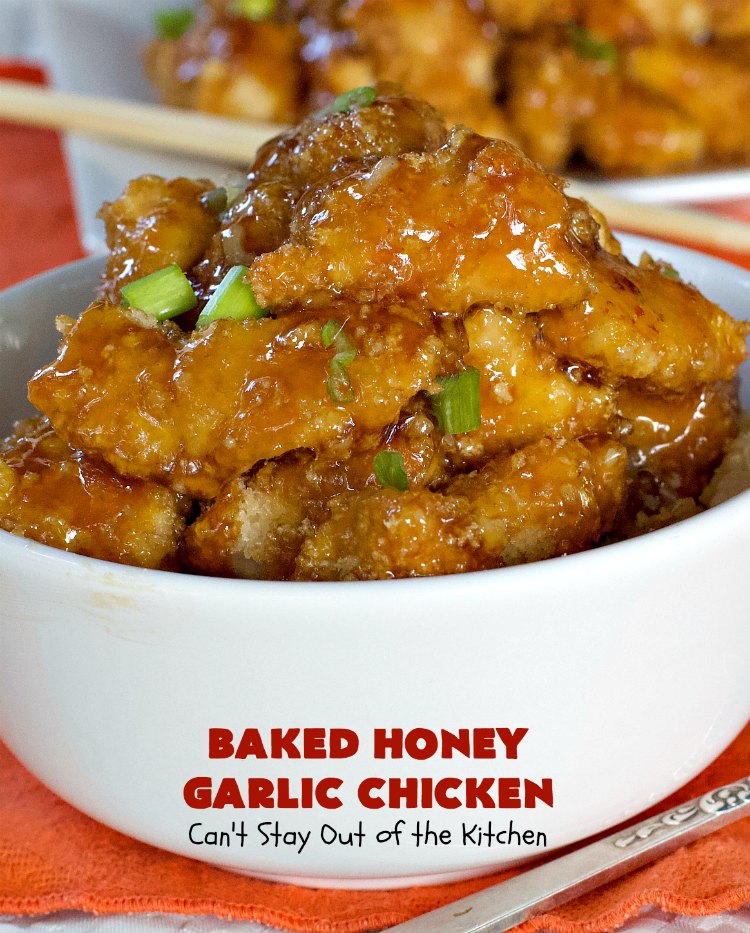 Baked Honey Garlic Chicken | Can't Stay Out of the Kitchen | this spicy #chicken #recipe is out of this world! The meat is breaded with #PankoBreadCrumbs and baked. The luscious sauce includes #honey, #Sriracha & soy sauce. The combination of flavors is dynamite. Makes a delicious weeknight dinner. I love how easy it is to make. #Asian #SesameSeeds #BakedHoneyGarlicChicken