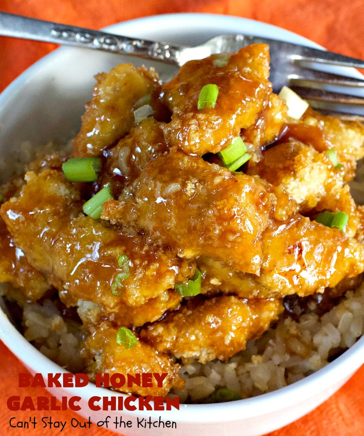 Baked Honey Garlic Chicken | Can't Stay Out of the Kitchen | this spicy #chicken #recipe is out of this world! The meat is breaded with #PankoBreadCrumbs and baked. The luscious sauce includes #honey, #Sriracha & soy sauce. The combination of flavors is dynamite. Makes a delicious weeknight dinner. I love how easy it is to make. #Asian #SesameSeeds #BakedHoneyGarlicChicken