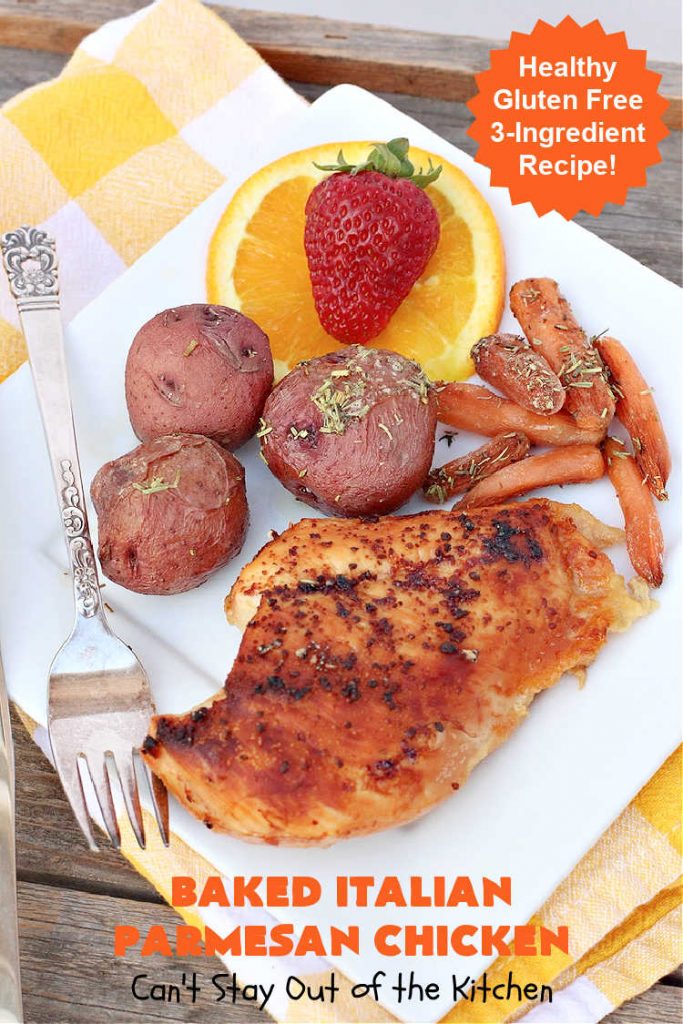 Baked Italian Parmesan Chicken | Can't Stay Out of the Kitchen | this easy 3-ingredient #chicken #recipe is a winner. So easy to toss together making it perfect for weeknight dinners when you're short on time. Great for company or #holiday dinners too. #healthy #GlutenFree #3IngredientRecipe #Italian #ParmesanCheese #BakedChicken #BakedItalianParmesanChicken