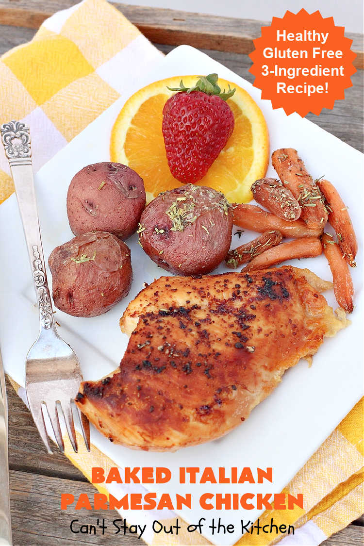 Baked Italian Parmesan Chicken | Can't Stay Out of the Kitchen | this easy 3-ingredient #chicken #recipe is a winner. So easy to toss together making it perfect for weeknight dinners when you're short on time. Great for company or #holiday dinners too. #healthy #GlutenFree #3IngredientRecipe #Italian #ParmesanCheese #BakedChicken #BakedItalianParmesanChicken