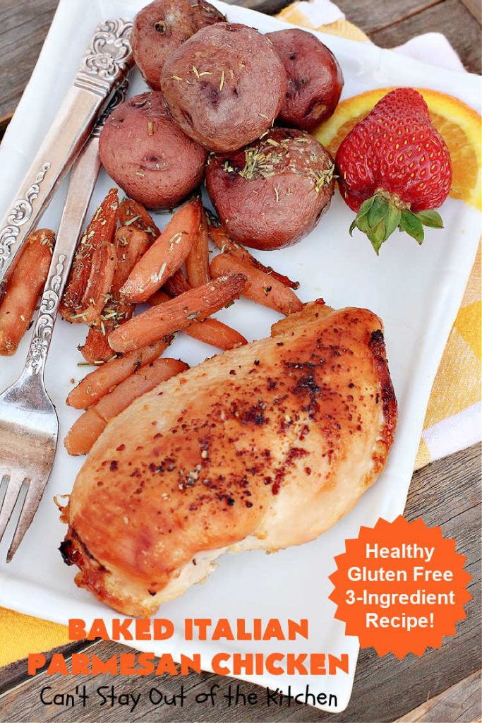 Baked Italian Parmesan Chicken | Can't Stay Out of the Kitchen | this easy 3-ingredient #chicken #recipe is a winner. So easy to toss together making it perfect for weeknight dinners when you're short on time. Great for company or #holiday dinners too. #healthy #GlutenFree #3IngredientRecipe #Italian #ParmesanCheese #BakedChicken #BakedItalianParmesanChicken