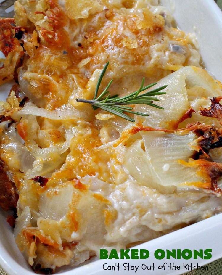 Baked Onions | Can't Stay Out of the Kitchen | this outrageous #SideDish is absolutely mouthwatering. It's terrific for #holidays like #Thanksgiving, #Christmas or #Easter when you're having a houseful of company. #Onions are smothered in #CheddarCheese, #PotatoChips & #CreamOfMushroomSoup. Best comfort food ever! #BakedOnions #vegetable #HolidaySideDish #HolidayCasserole #VidaliaOnions