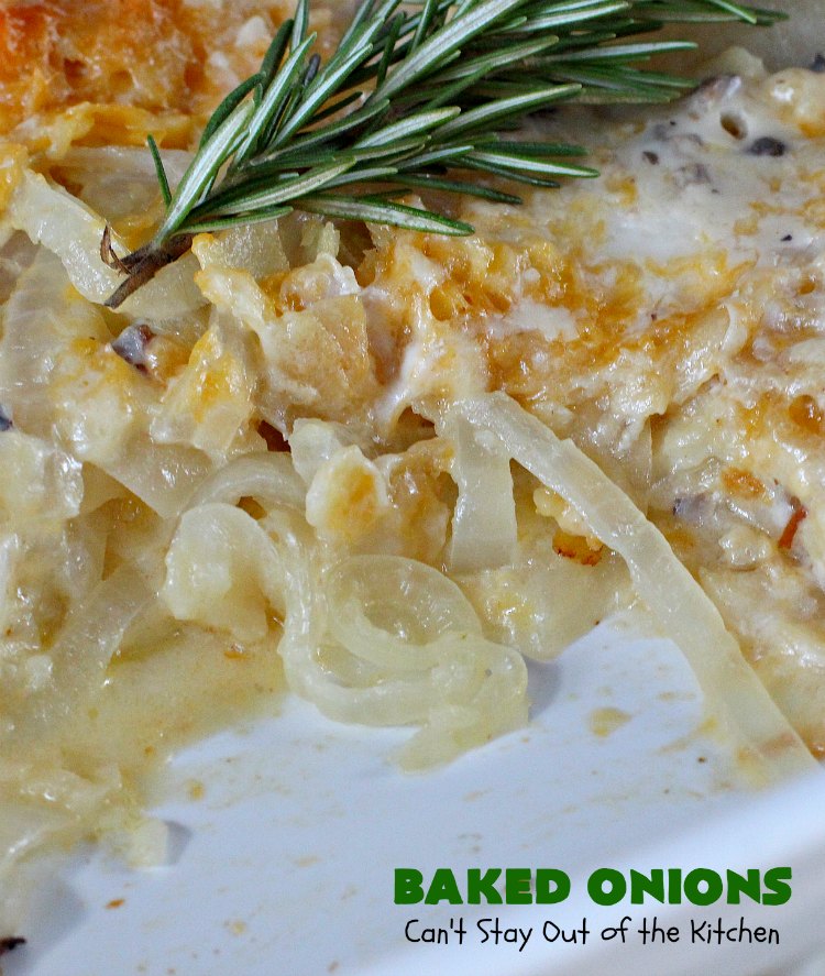 Baked Onions | Can't Stay Out of the Kitchen | this outrageous #SideDish is absolutely mouthwatering. It's terrific for #holidays like #Thanksgiving, #Christmas or #Easter when you're having a houseful of company. #Onions are smothered in #CheddarCheese, #PotatoChips & #CreamOfMushroomSoup. Best comfort food ever! #BakedOnions #vegetable #HolidaySideDish #HolidayCasserole #VidaliaOnions