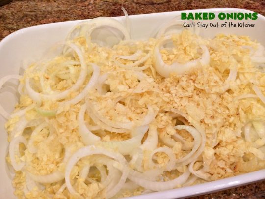 Baked Onions | Can't Stay Out of the Kitchen | this outrageous #SideDish is absolutely mouthwatering. It's terrific for #holidays like #Thanksgiving, #Christmas or #Easter when you're having a houseful of company. #Onions are smothered in #CheddarCheese, #PotatoChips & #CreamOfMushroomSoup. Best comfort food ever! #BakedOnions #vegetable #HolidaySideDish #HolidayCasserole #VidaliaOnions