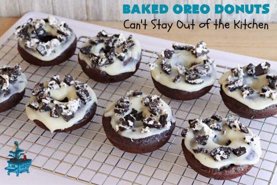Baked Oreo Donuts | Can't Stay Out of the Kitchen | these fantastic homemade #donuts are absolutely irresistible. They're filled with #OreoCookies & #chocolate extract. The donuts are glazed with a #CreamCheese icing plus more #OreoCookieCrumbs. Perfect for a #holiday #breakfast or #brunch like #Thanksgiving, #Christmas or #NewYearsDay. #HolidayBreakfast #BakedOreoDonuts